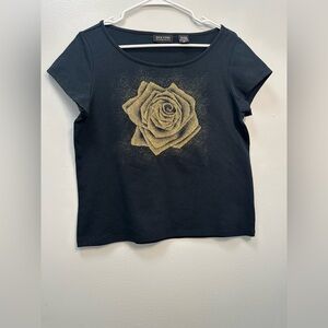 New York & Company Black Tee with Gold Rose Design